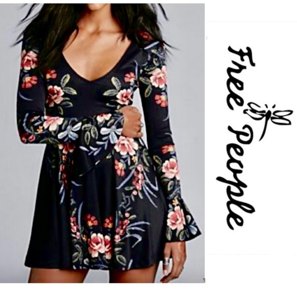 Free People Fit Flare Short Black Open Back Bell Sleeve Floral Dress Size S - Picture 1 of 13